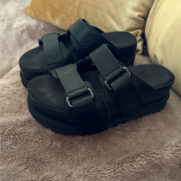 UGG Shoes - UGG Goldenstar Black Platform Slide Sandals with Dual Straps,5